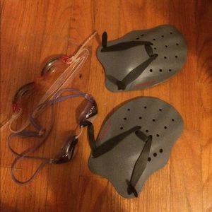 Swim stuff- goggles and resistance paddles